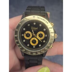 Vivani Quartz Unisex Analog Wristwatch Black Gold Tachymeter Rubber Strap